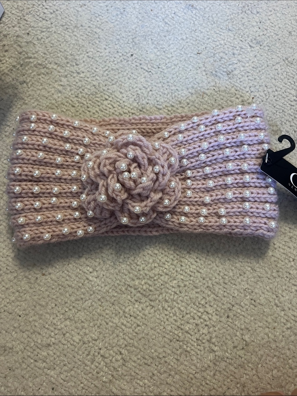 Women's Pearl-Embellished Knitted Headband - Blush Pink